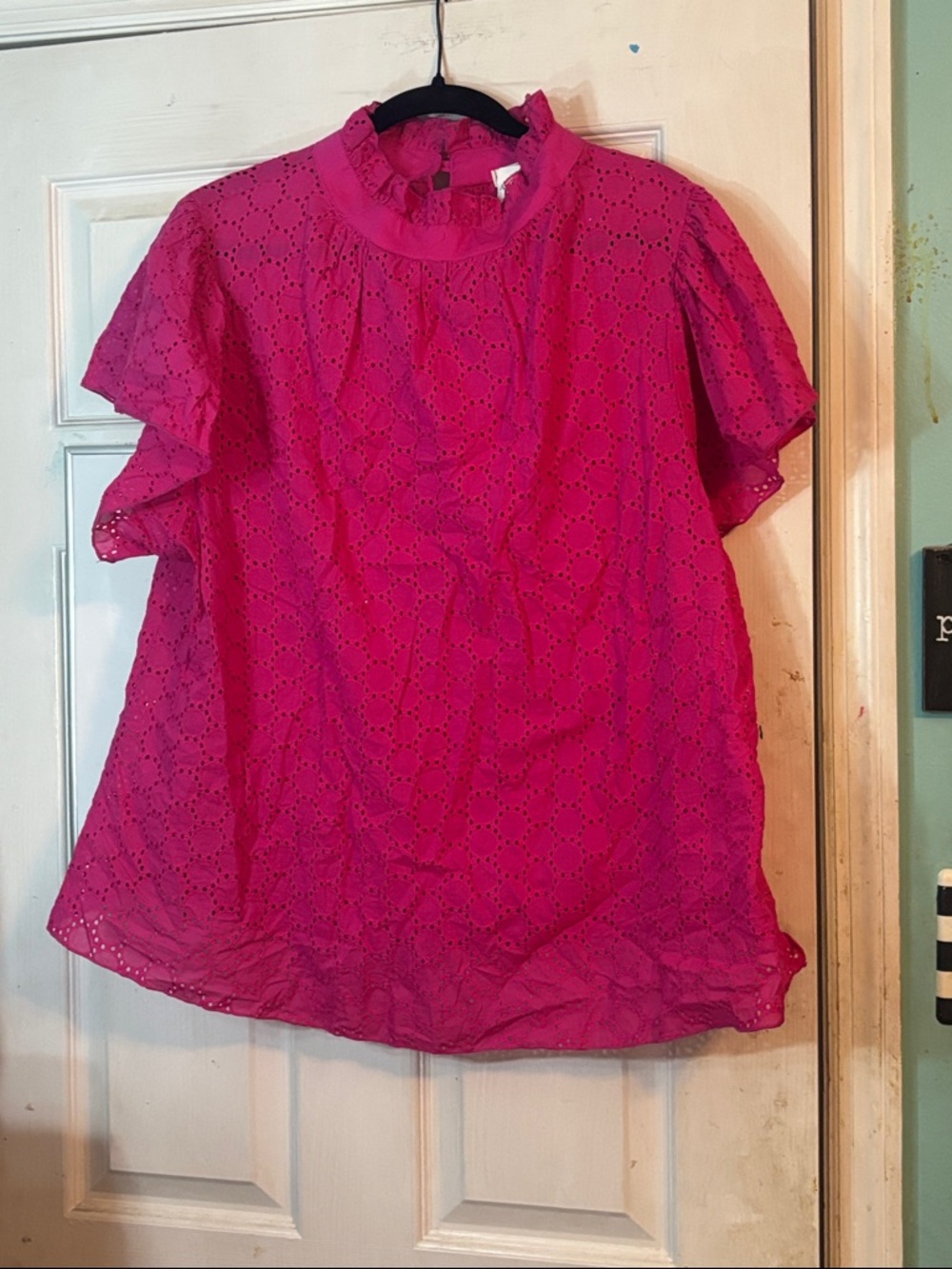 Eyelet Ruffle Neck Blouse in Fuchsia